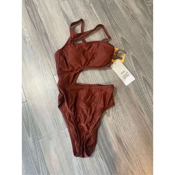 NWT FE NOEL one piece bronze colored asymmetrical swimsuit Size XXS - Picture 1 of 5